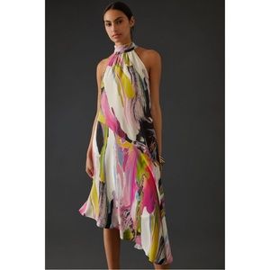 NWOT Anthropologie Silk Halter Midi Dress Size Small Colorful Paint Pour